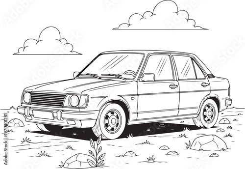 Classic sedan car parked outdoors with rocks grass and clouds in the background