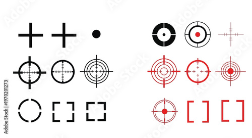 Various targeting reticles and crosshairs displayed in black and red silhouette