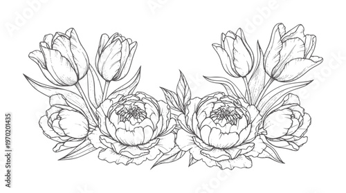 Black and white of a floral arrangement with tulips and peonies