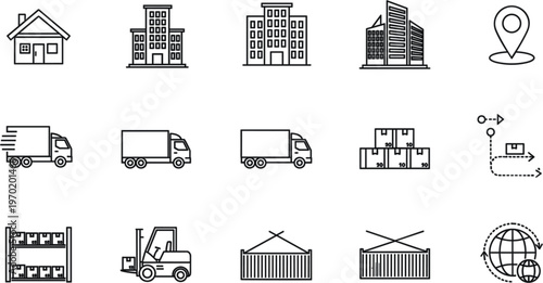 Logistics and supply chain line icon set for global shipping and warehouse distribution management