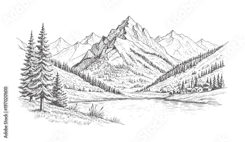 Black and white of a mountain village by a lake with pine trees
