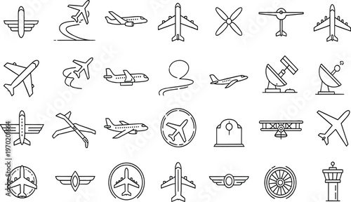 Aviation and airplane line icon set with commercial flight aircraft and airport navigation symbols