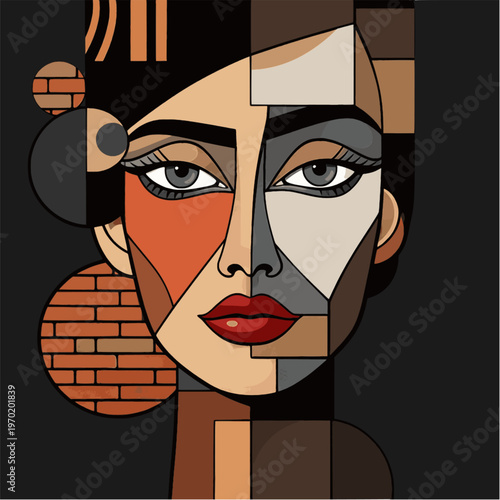 Bold geometric female portrait in cubist style with strong contrast and graphic composition. Combination of sharp shapes, brick texture elements and circular accents. Deep black background highlights 