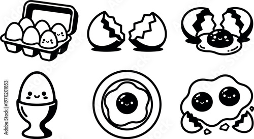 Black and white cute eggs and fried egg faces vector art