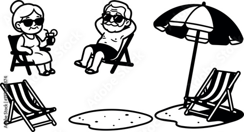 Black and white line art elderly couple relaxing on beach chairs with umbrella