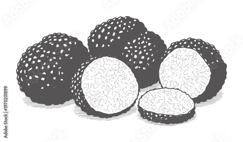 Black truffle mushrooms whole and sliced with texture food ingredient