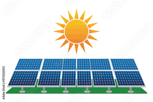 Solar panels array under bright sun on green field generating clean energy for sustainable power supply and renewable environmental technology