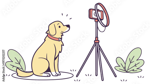 Cute dog sitting in front of camera on tripod outdoors preparing for video recording or content creation in simple line style illustration