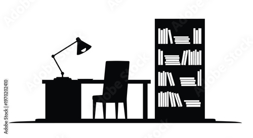 Minimalist study scene with desk chair and bookshelf silhouette
