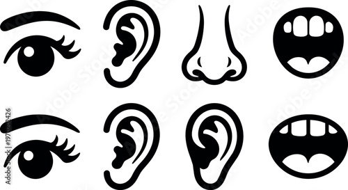 Black and white human facial features icons with eyes ears noses and mouths