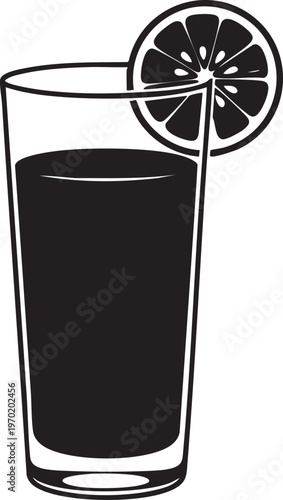 Black drink in glass, lemon slice, straw, dark beverage, refreshment icon