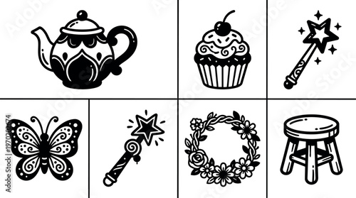 Black and white whimsical tea pot cupcake magic wand butterfly wreath and stool vector line art