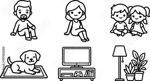 Black and white line art family members dog television and houseplants icons