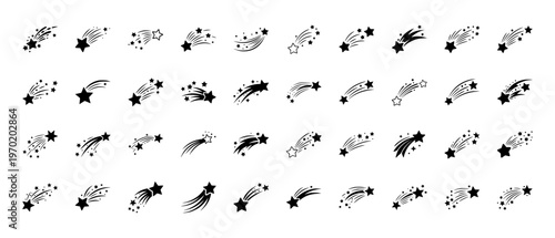 Set of shooting star silhouettes and comet icons, falling stars with tail sparks and celestial magic elements vector illustration.