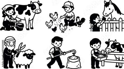 Black and white farm animal care vector art with children feeding and grooming livestock