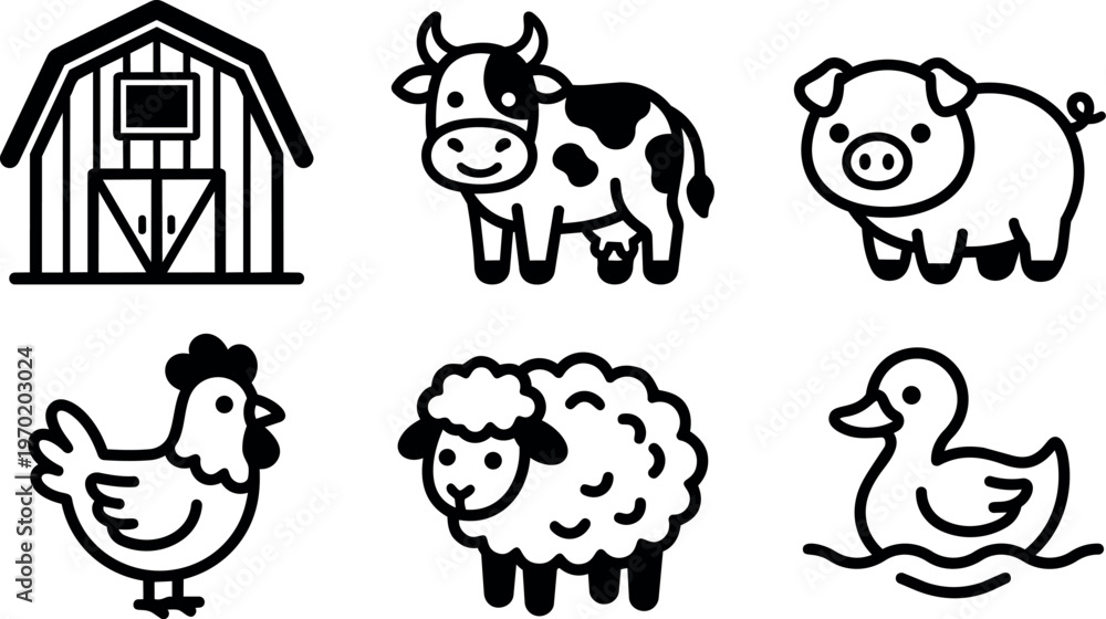 Obraz premium Black and white farm animals and barn vector icons set