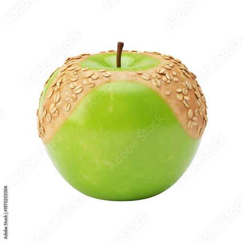 Green apple, sesame seed, half covered, vector illustration, food icon, healthy snack