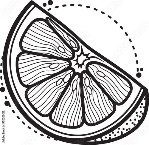 Stylized black and white outline drawing of a citrus fruit slice with decorative elements