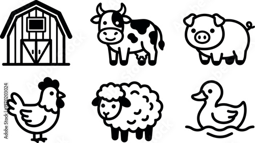 Black and white farm animals and barn vector icons set