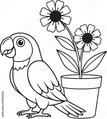 Stylized black and white parrot sitting next to a potted plant with flowers