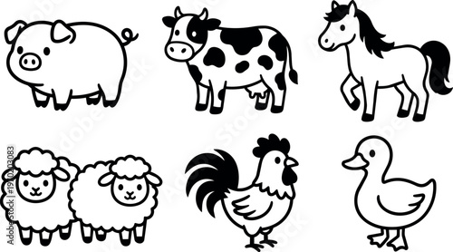 Black and white line art farm animals pig cow horse sheep rooster duck