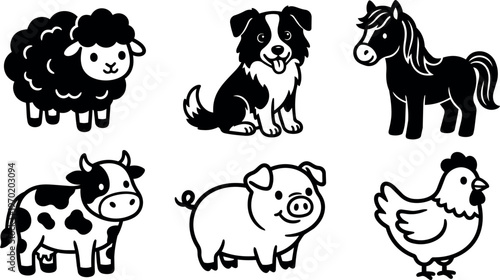 Black and white cartoon farm animals sheep dog horse cow pig chicken vector art