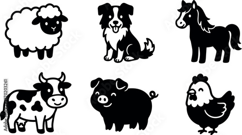 Black and white farm animal icons sheep dog horse cow pig chicken vector art
