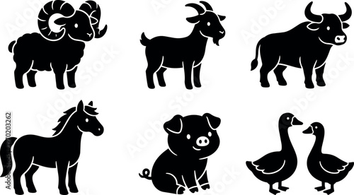Black silhouette collection of common farm animals with ram goat bull horse pig and ducks
