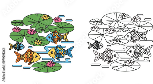 Fish in a Pond with Lily Pads and Lotus Flowers Illustration - Colored Version and Line Art Coloring Page for Kids and Adults - Vector Art of Koi and Water Lilies in Nature
