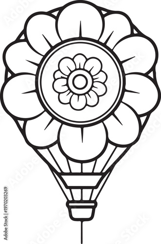 Stylized hot air balloon with floral ornament and basket design isolated on transparent background