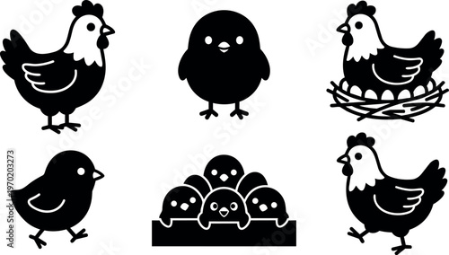 Black and white farm chicken and chick icons with eggs and nest