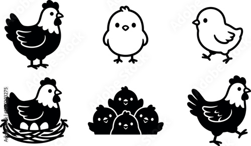 Black and white chicken and chick line art set of six