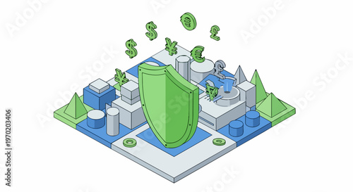 Isometric Financial Security and Asset Protection Concept with Shield and Global Currency Symbols