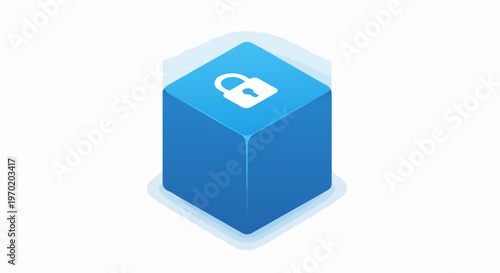 3D Isometric Blue Cube with Padlock Icon Representing Data Security and Encryption on White Background