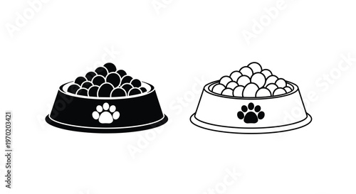Two full pet food bowls depicted in a striking black silhouette