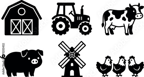 Black and white farm icons set with barn tractor animals and windmill