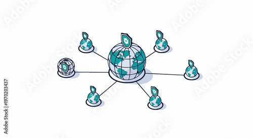 Isometric Global Cybersecurity Network Illustration with Protective Shields on Earth Globes for Data Privacy and Secure International Communication