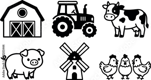 Black and white farm animals barn tractor windmill vector art