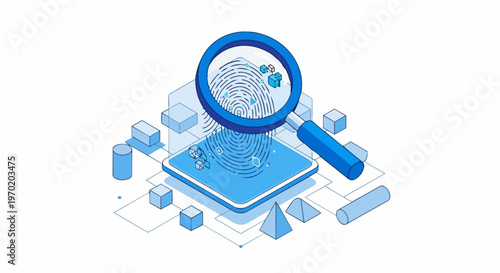 Isometric Digital Fingerprint Scanning and Biometric Security Analysis Concept with Magnifying Glass