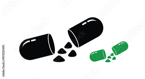 Opened capsule with green granules a distinctive black silhouette