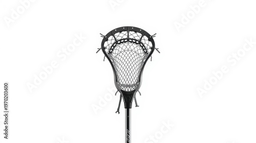 A black lacrosse stick with white mesh pocket isolated against a clean white studio background isolated on white background