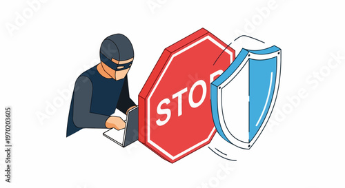 Isometric Vector Illustration of a Hacker Blocked by a Firewall Shield and Stop Sign - Cybersecurity and Data Protection Concept