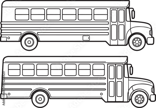 Two black and white line art illustrations of a classic school bus facing right isolated on transparent background