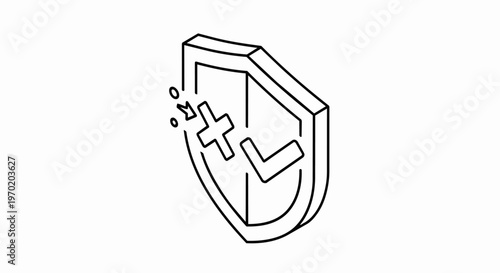 Isometric Security Shield Line Icon with Checkmark and Cross, Cyber Protection and Data Filtering Concept, Minimalist Vector Illustration