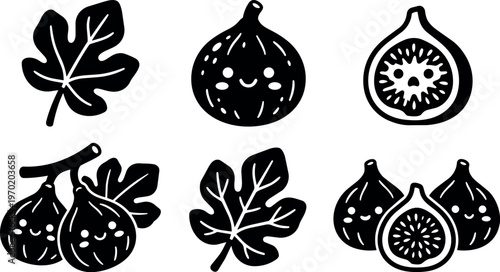 Black and white cute fig fruit and fig leaves vector art set