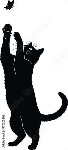 Cat jumping to catch butterfly silhouette, playful kitten pose, animal interaction concept, pet behavior design, flat vector illustration, isolated graphic