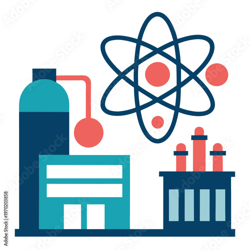 An atom and factory icon blending scientific innovation. 