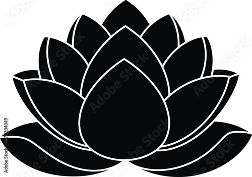 Elegant black and white depiction of a stylized lotus flower with intricate petals
