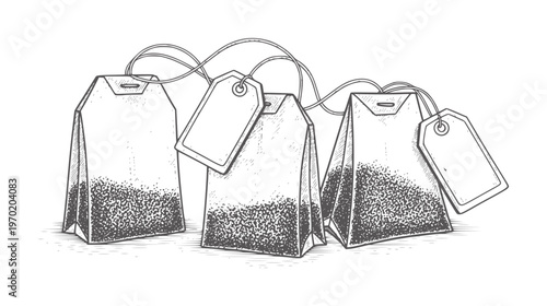 Four tea bags with strings and blank tags in a row