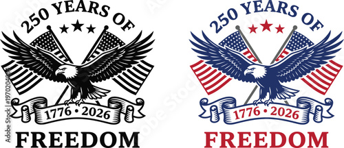American eagle logo with flags and 250 years of freedom text on white background